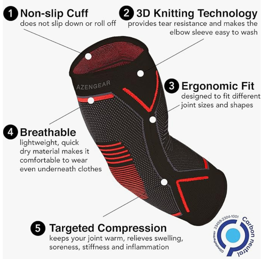 Azengear Elbow Support Brace Compression Sleeve (Pair) Black Unisex NEW