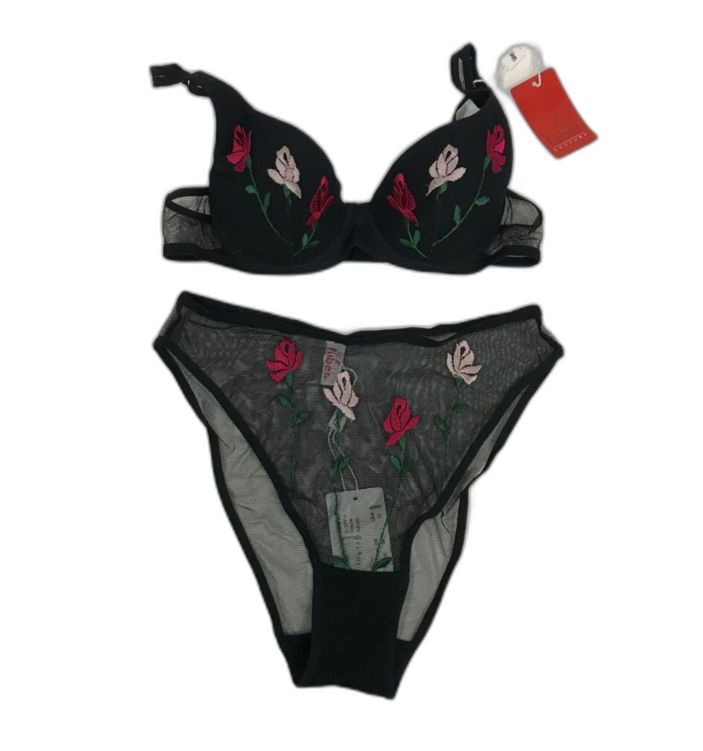 Faber Italian Made Floral Black Mesh Bra & Underwear Set Sz I1/Us32 NEW