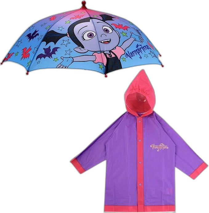 Disney Kids Vampirina Umbrella And Rain Jacket Set Purple/Pink NEW