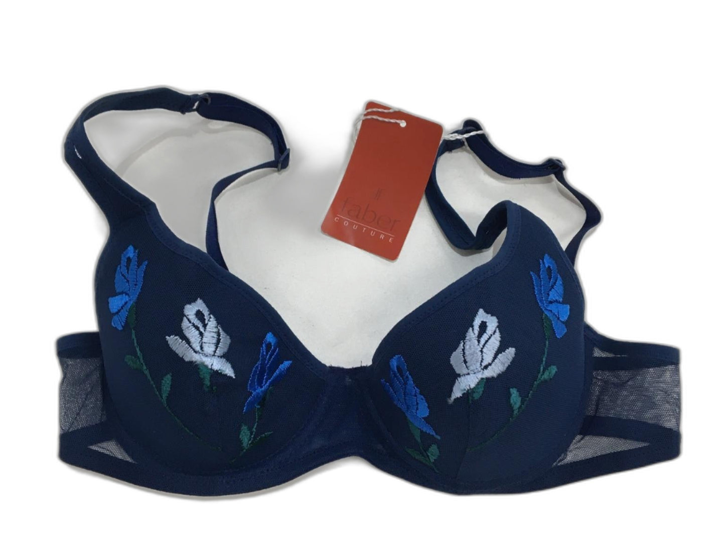 Faber Underwire Blue Push Up Bra Embroidered Flower Design Xs/32B NEW