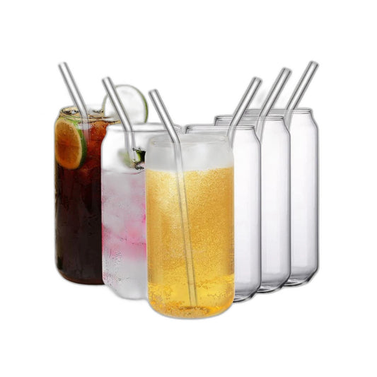 6 Pc No Lid Clear Drinking Glasses W/ Glass Straw & 2 Pc Cleaning Brushes NEW