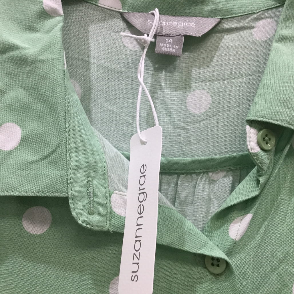 Susanne Grae Sift Sage Green Polka Dot Button Up Blouse Ladies Size 14 NEW