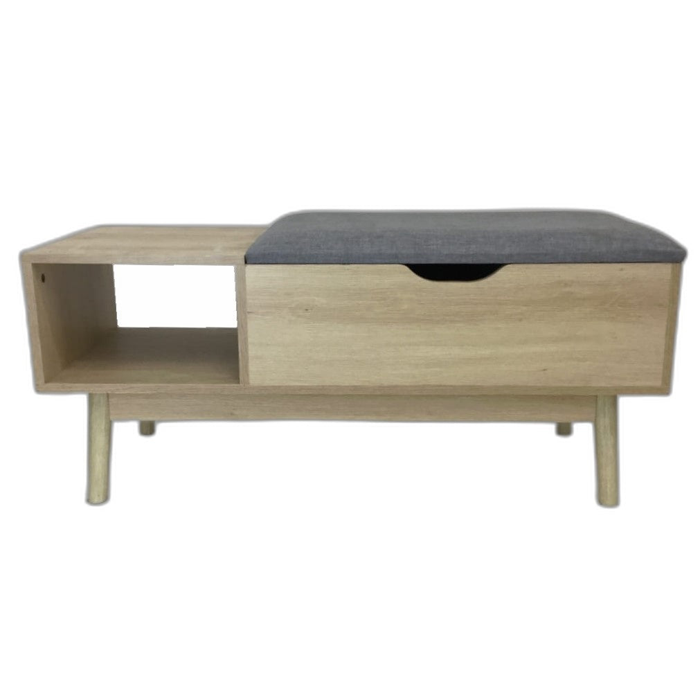 Ex-Display Oak Look Storage Bench With Removable Cloth Seating Lid *P/Up NEW