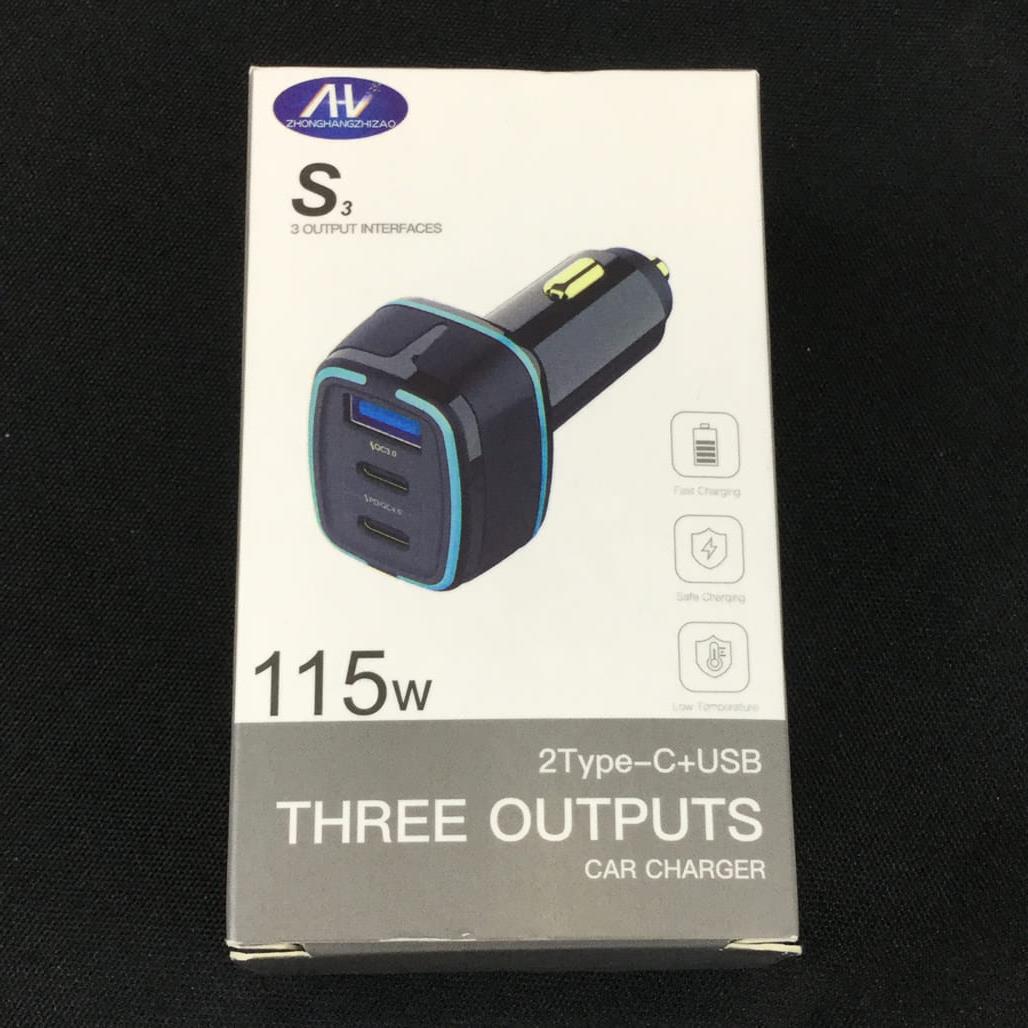 Universal Car Charger 115W Three Outputs 2Type-C +Usb Safe Fast Low Temp NEW