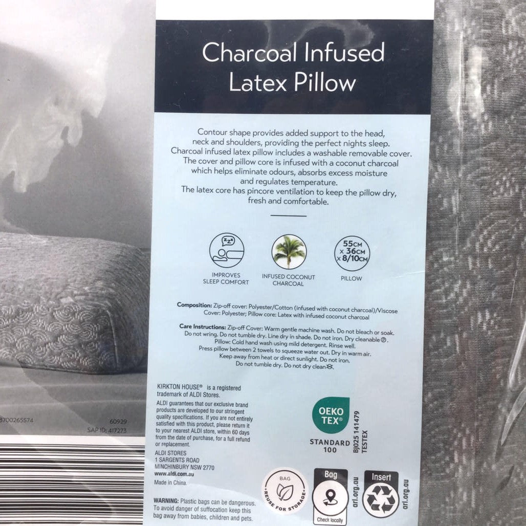 Kirkton House Charcoal Infused Anti-Bacterial Latex Pillow Shape Support NEW