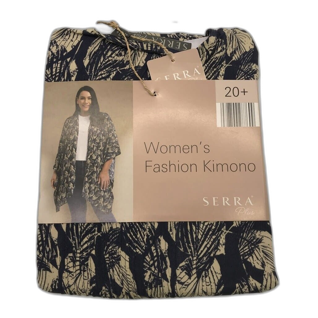 Serra Plus Navy Blue Palm Print Womans Fashion Light & Flowy Kimono Size 20+ NEW