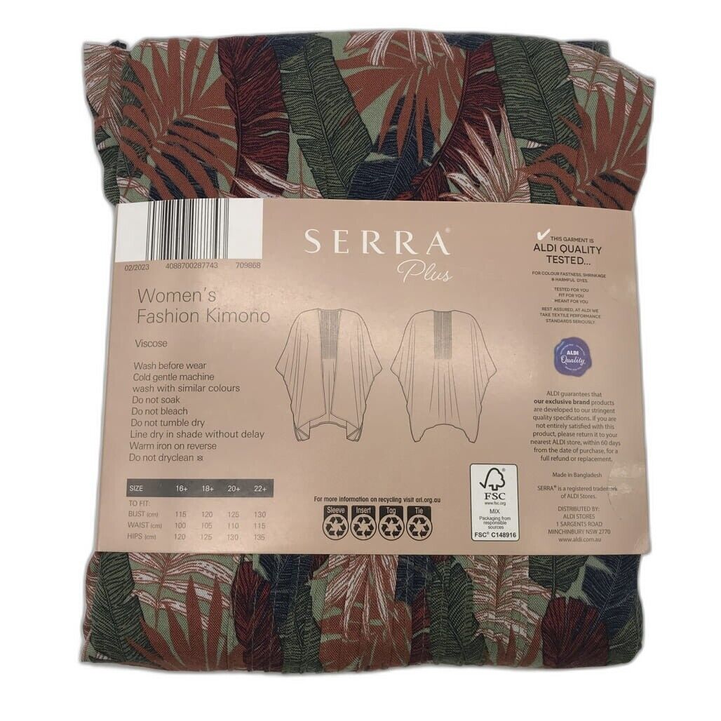 Serra Plus Palm Leaf Print Womans Fashion Light & Flowy Kimono Size 16+ NEW