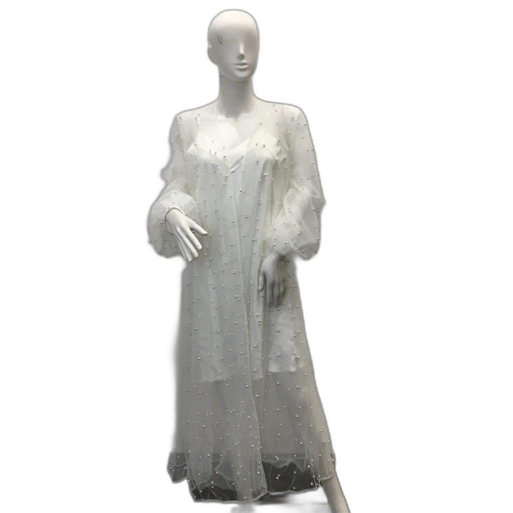 White Pearl Sheer Bridal Robe Womens Long Dress Bride Nightgown Size M NEW