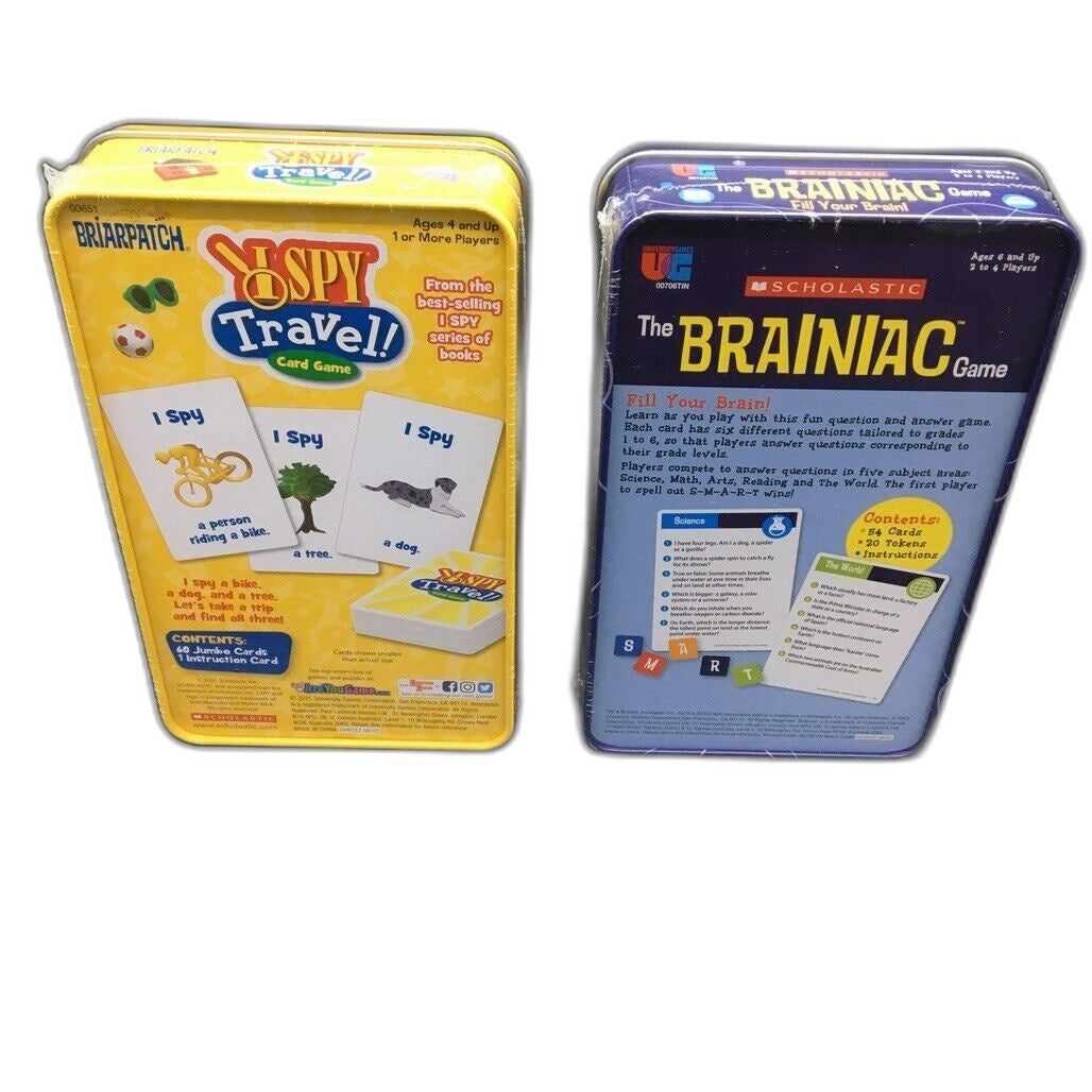 Sealed 2 Pack Scholastic The Brainiac & I Spy Travel Game Tins Ages 4+ NEW