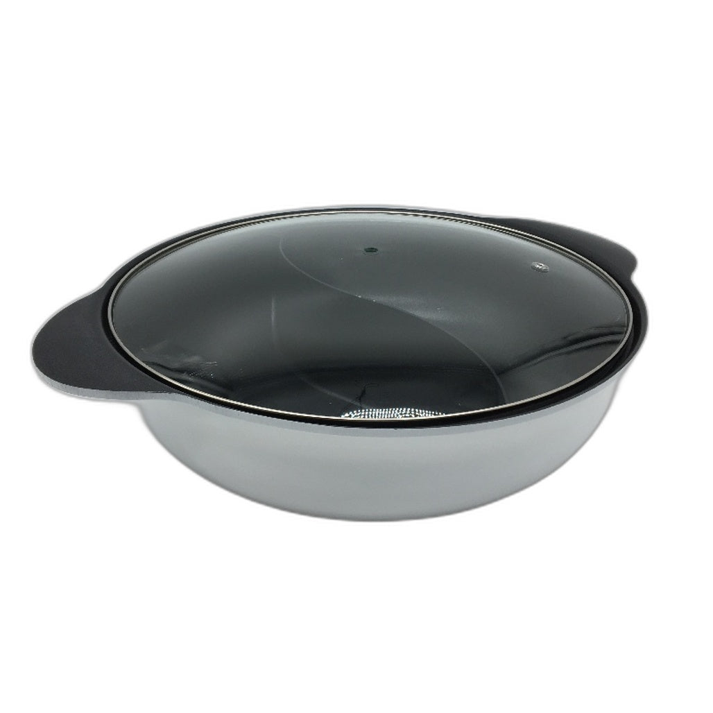 Kerykwan 12.5 Inch Stainless Steel Divided Hotpot with Tempered Glass Lid NEW