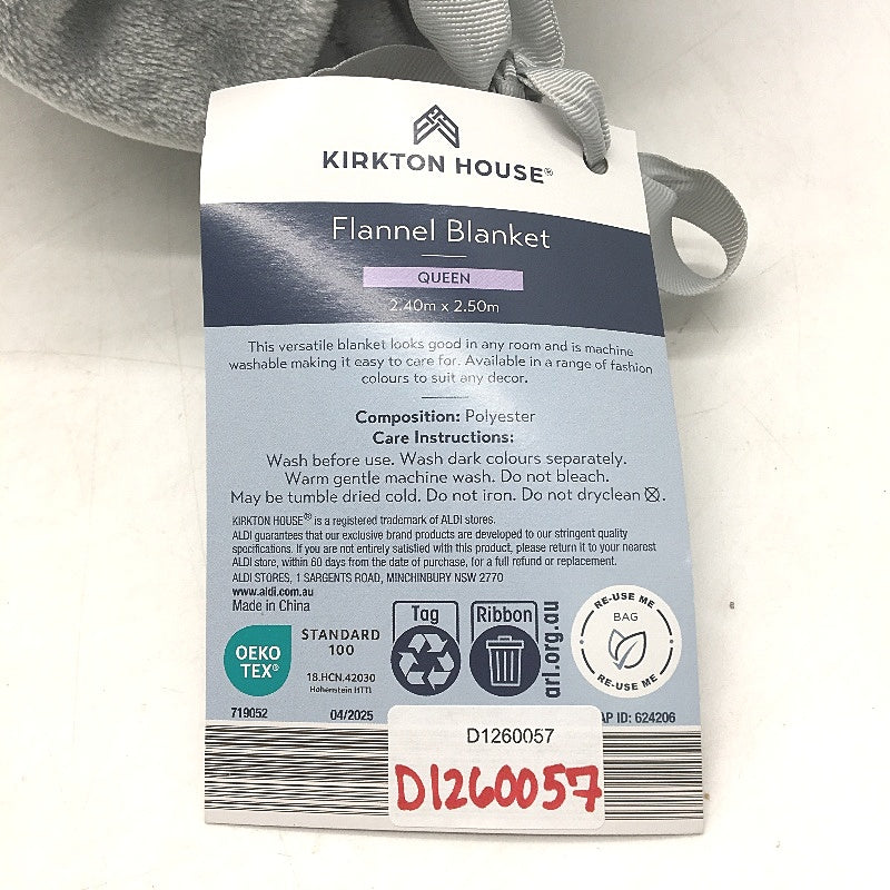 Kirkton House Grey Flannel Blanket In Storage Bag QUEEN Size 2.4m x 2.5m NEW