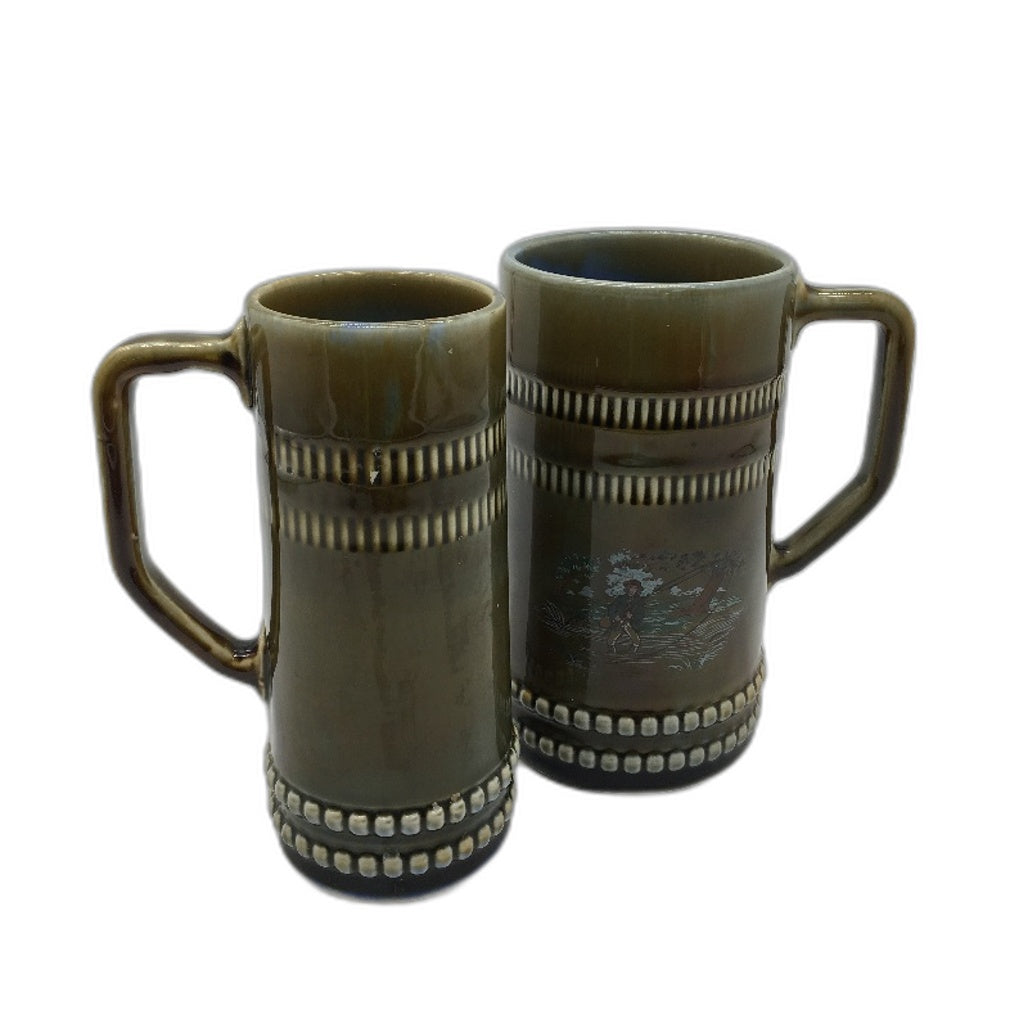 VINTAGE Wade 2 Piece Green Brown Irish Porcelain Pint Mugs Tankards Set