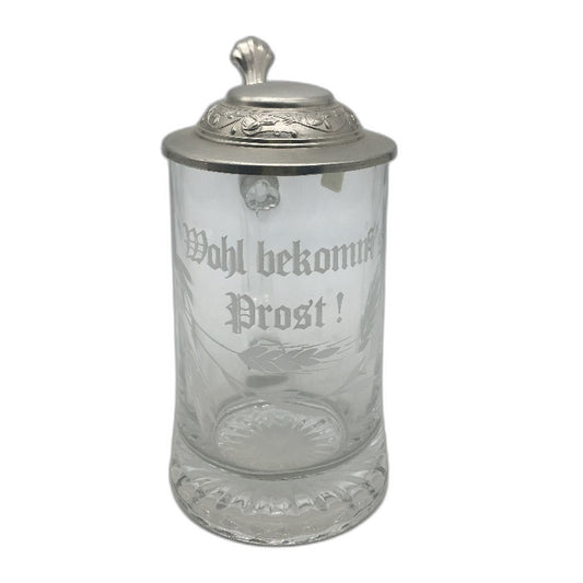 VINTAGE Alwe Etched 'Cheers Enjoy' Glass Beer Stein Pewter Lidded Tankard