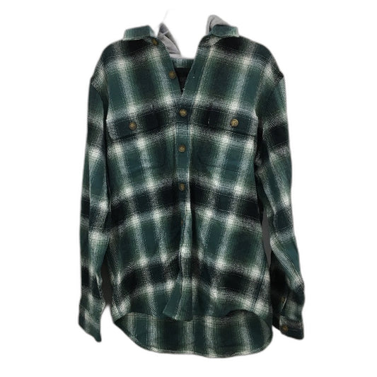 Jeanswest Green Check Thick Flannel Grey Fleece Hooded Shirt Mens Size L NEW