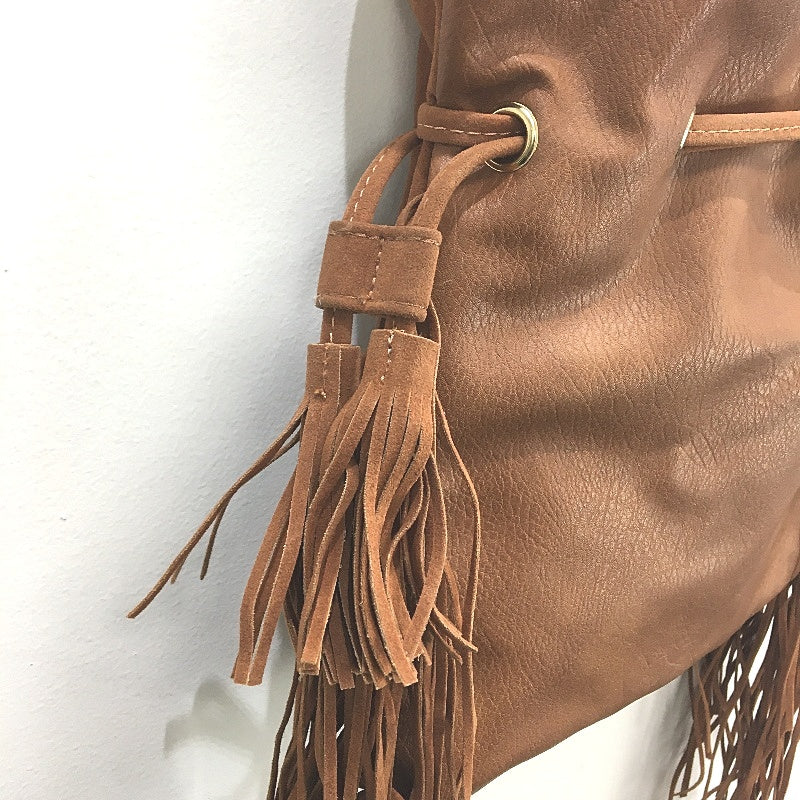 Soft Faux Leather Fringe Tassel Brown Pouch Bag with Adjustable Strap NEW