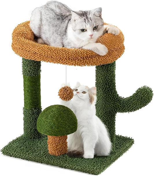 SUNTHX Fuzzy Green Cactus Scratching Post and Bed for Small to Medium Cats NEW