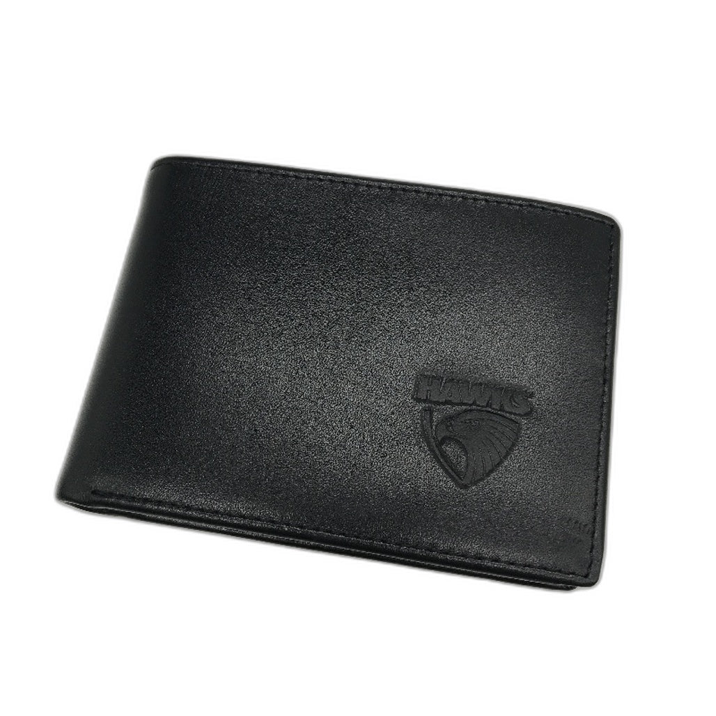 AFL Hawthorn Hawks Embossed Logo 'JT' Mens Black Cow Leather Wallet