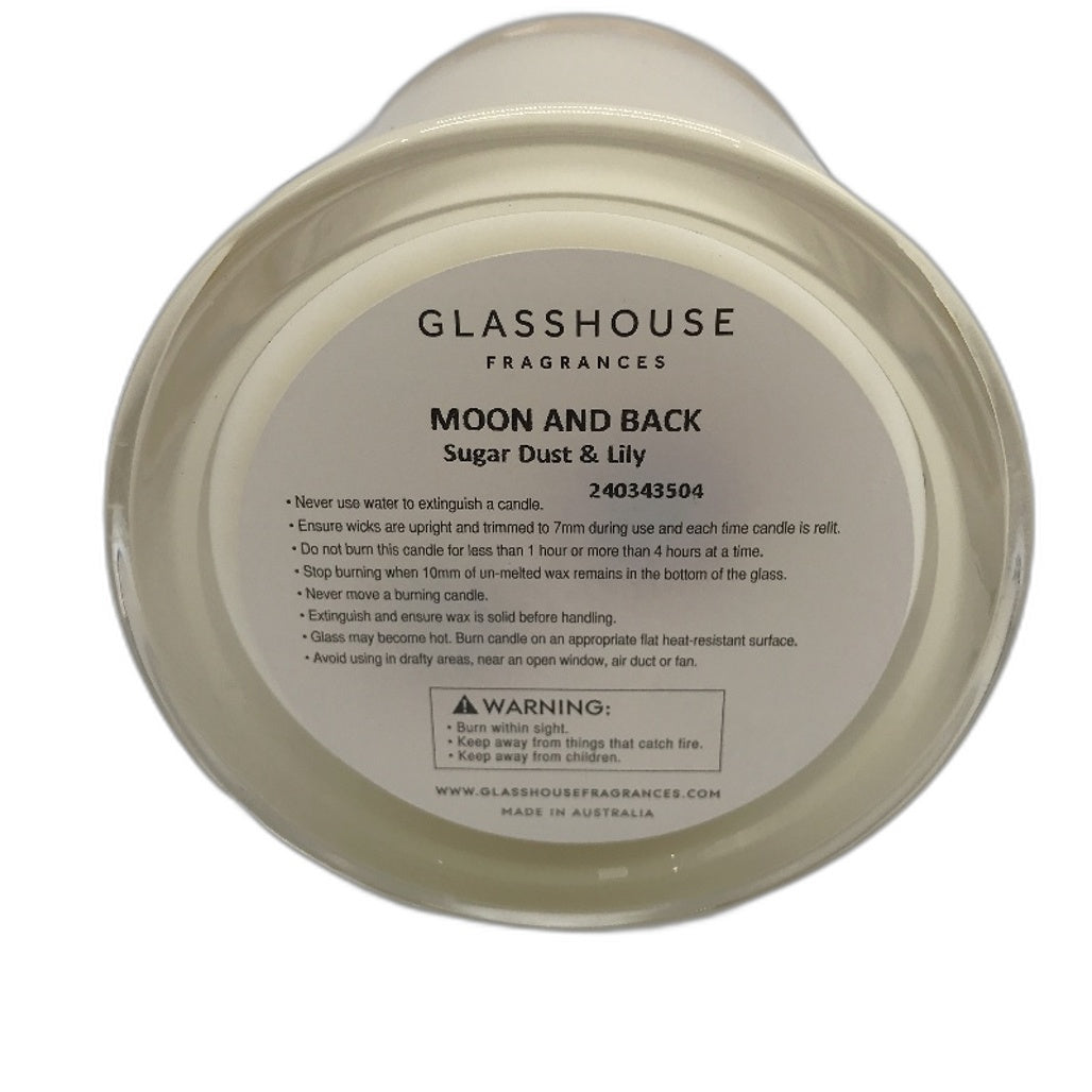 Glasshouse Fragrances 380g Moon and Back Sugar Dust and Lily Soy Candle Jar NEW