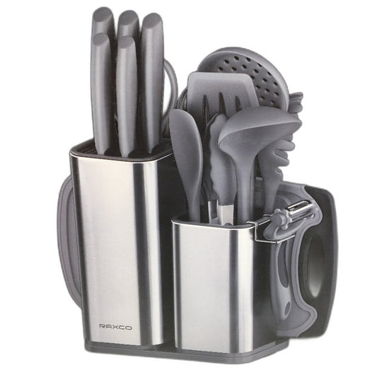 RAXCO 18 Piece Silicone and Stainless Steel Base Cooking Utensils in Grey DEMO