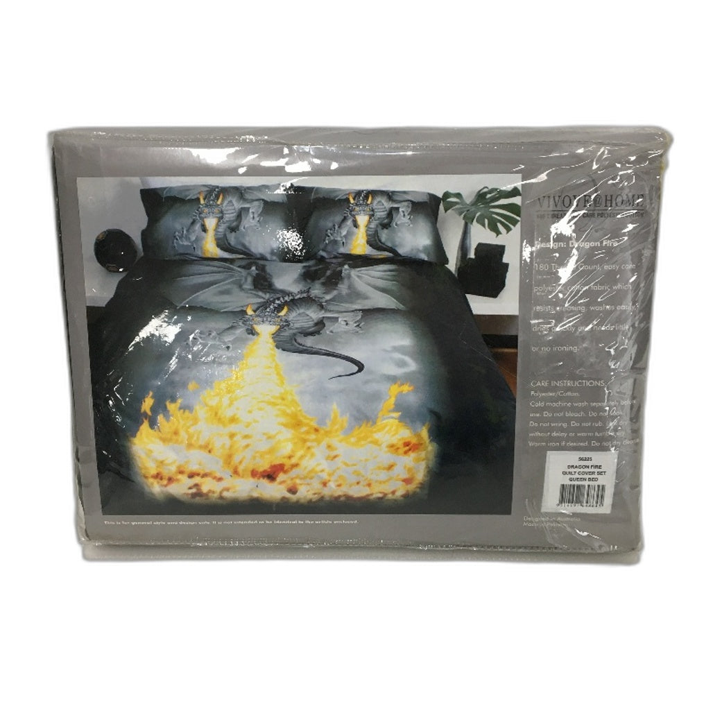 VIVOVEHOME 180 Thread Count Dragon Fire Easy Care Quilt Cover Set QUEEN NEW