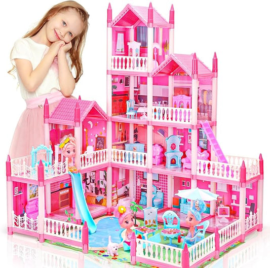 Amidear Doll House 4 Story 11 Rooms Pool Party Playset With Furniture & 3 Dolls