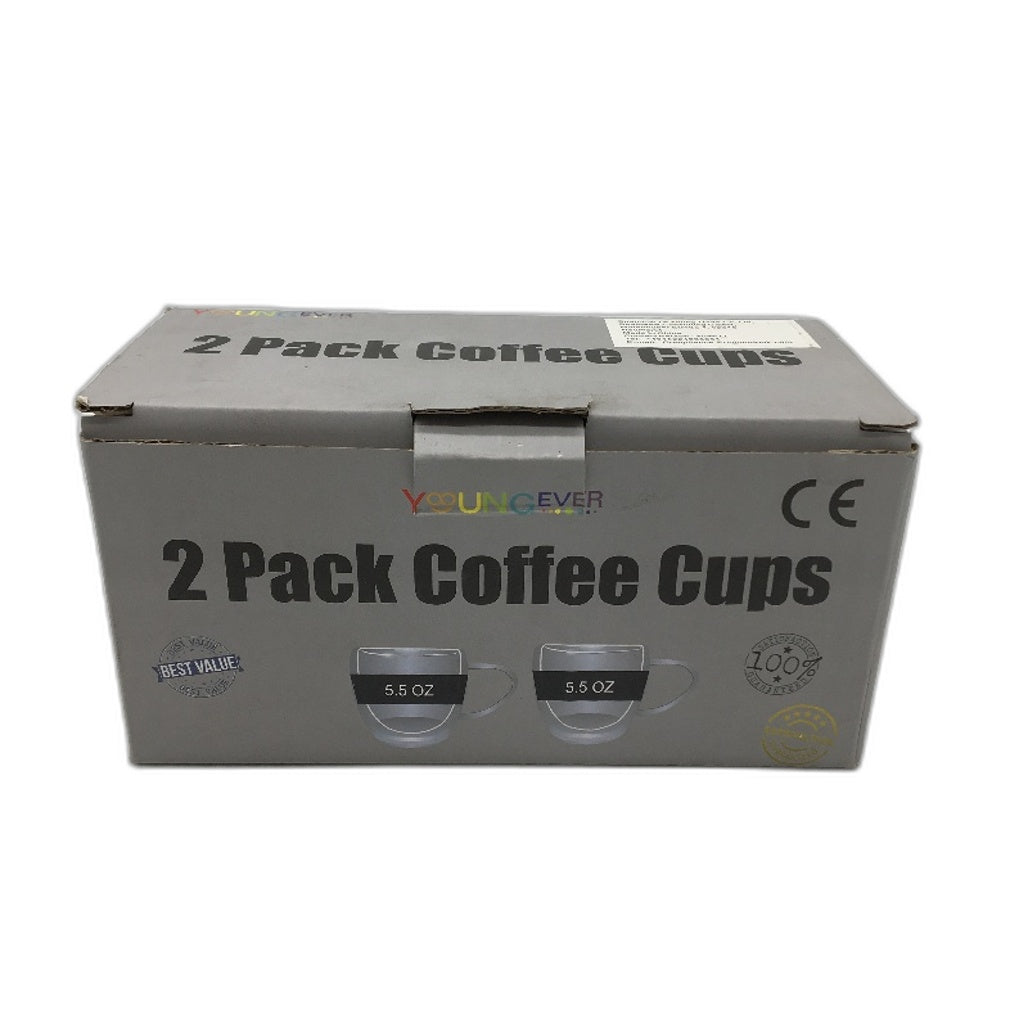 Youngever 2 Pack 5.5oz Clear Glass Insulated Coffee Cups with Handle NEW