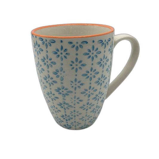 Nicola Spring Set of 6 360ml Hand Printed Blue Mug with Orange Rim NEW