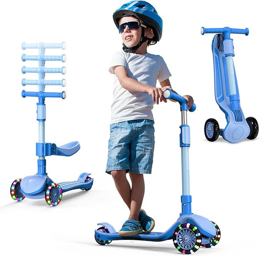KIDSCOTER 2 in 1 Adjustable Folding LED Light Up Kick Scooter in Blue NEW