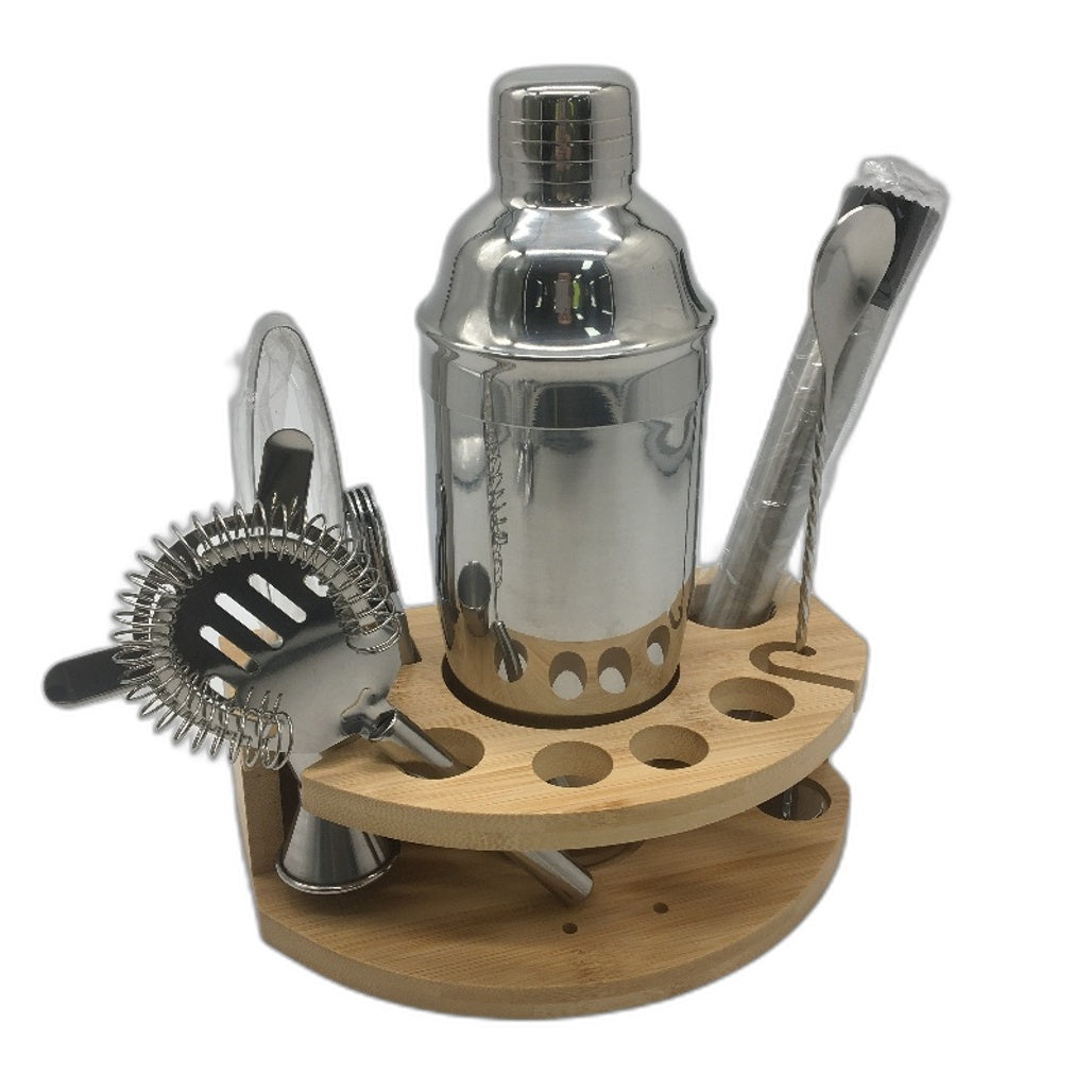 12 Piece Stainless Steel Silver Cocktail Shaker Set with Bamboo Stand NEW