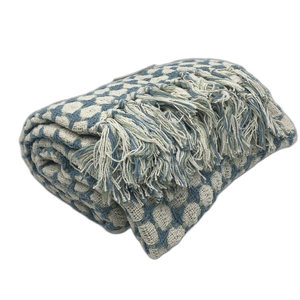 Target Blue & White Knit Cotton Tassled Edged Throw Rug Blanket 127 x 152cm NEW