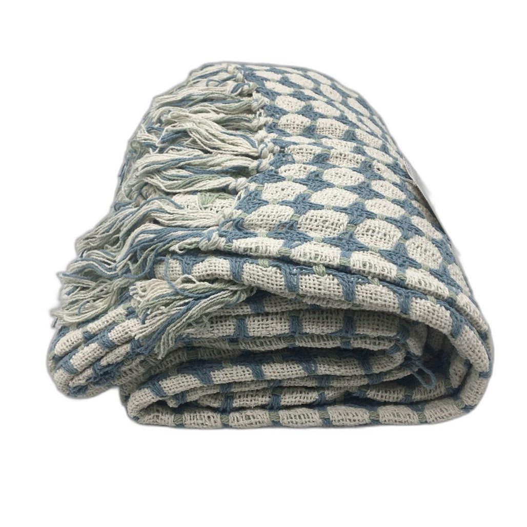 Target Blue & White Knit Cotton Tassled Edged Throw Rug Blanket 127 x 152cm NEW