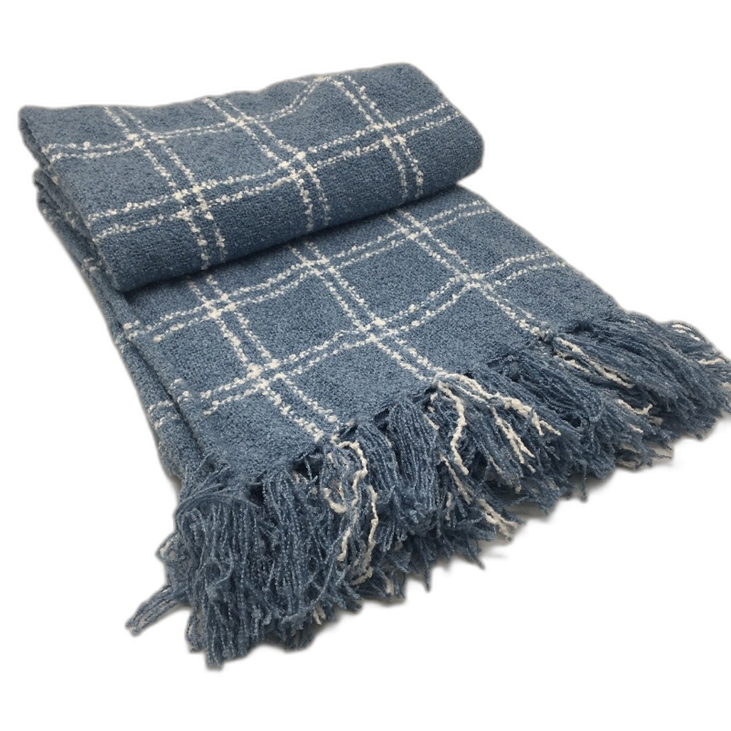Target Blue Check Knit Style Tassled Edged Throw Rug Blanket 127 x 152cm NEW