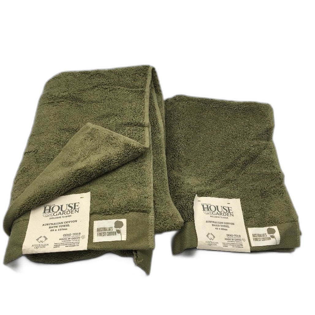 Australian House & Garden Shrub Green 100% Aus Cotton Bath & Hand Towel Set NEW