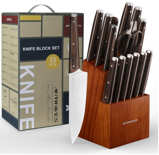 Antinives 15 Piece German Steel Knife Block Set With Wood Holder NEW