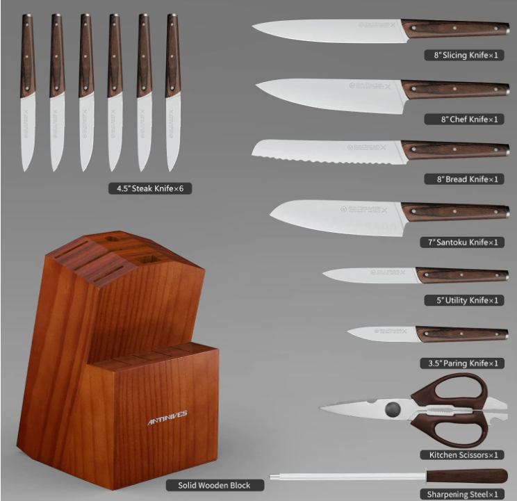 Antinives 15 Piece German Steel Knife Block Set With Wood Holder NEW