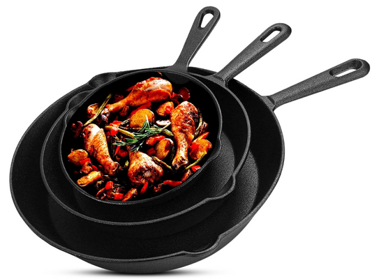 3 Piece Cast Iron Pan Skillet Set With Helper Handle Pre Seasoned NEW