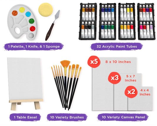 Chalkola  56 Pack Acrylic Paint Set 32 22ml Colours 10 Brushes 10 Canvases NEW