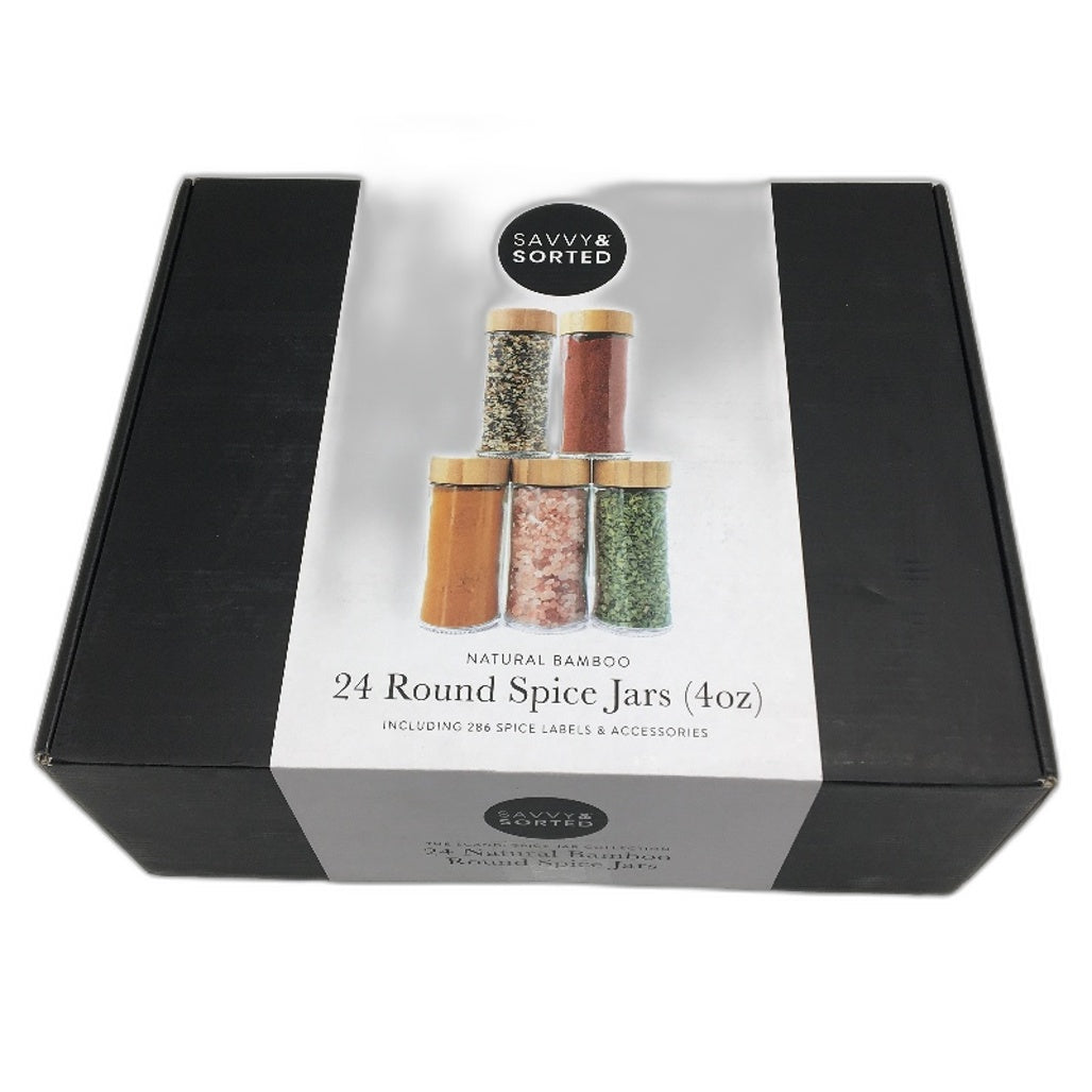 Savvy & Sorted 24 Set Glass Spice Jars With Labels & Bamboo Lids NEW