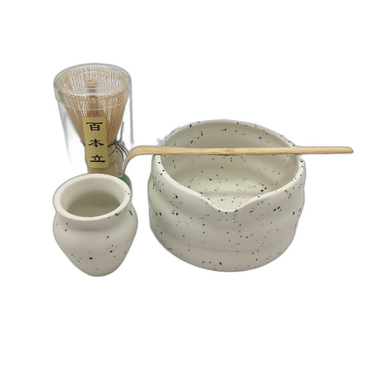 4 Piece Ceremonial Matcha Making Green Tea Set in White and Speckled Black NEW