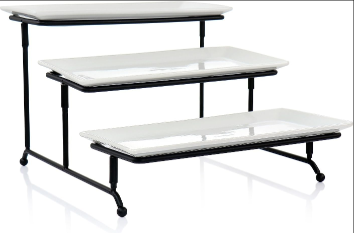 Elama 3 Tier Rectangular Porcelain Plates Serveware Set Stand & Plates