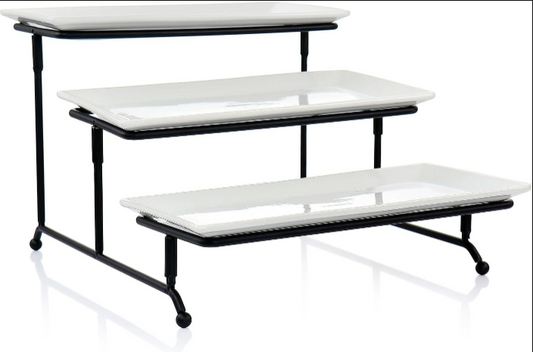 Elama 3 Tier Rectangular Porcelain Plates Serveware Set Stand & Plates