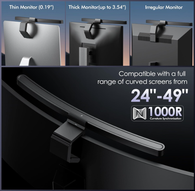Quntis Black Curved Monitor Light Bar With Remote & Touch Control USB Lamp