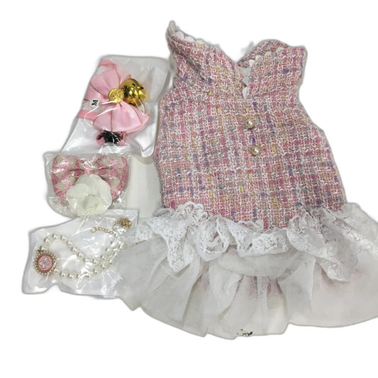 4 Pieces Cute Pink Doggy Tutu Dress & Accessories Bundle Dog Size 2XS
