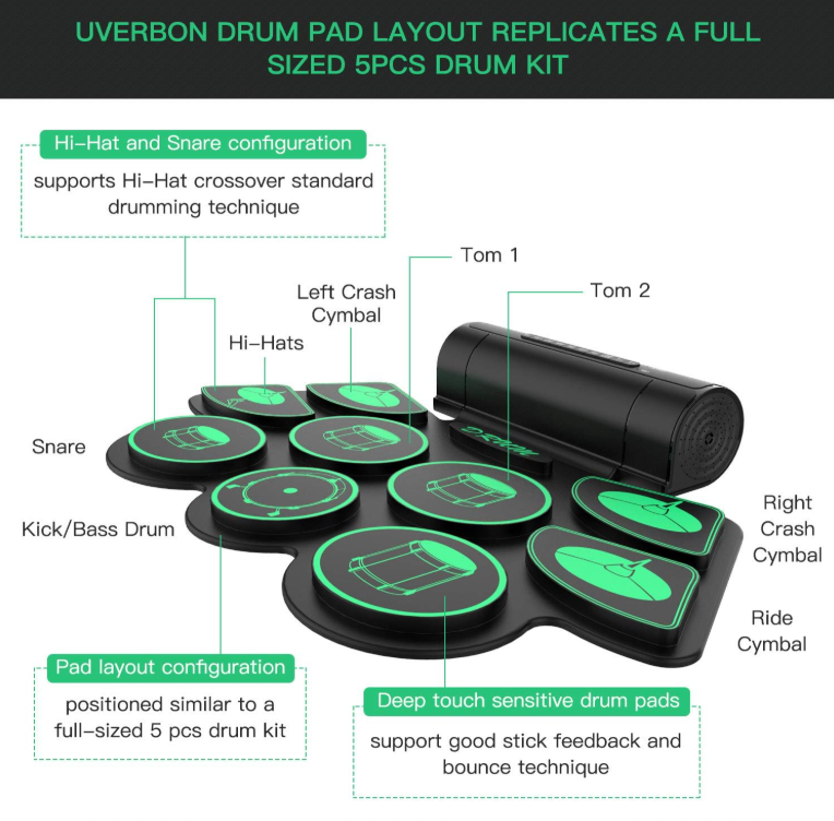 Uverbon Electronic Drum Kit 9 Roll Up Silicone Pads Built-In Stereo Speaker