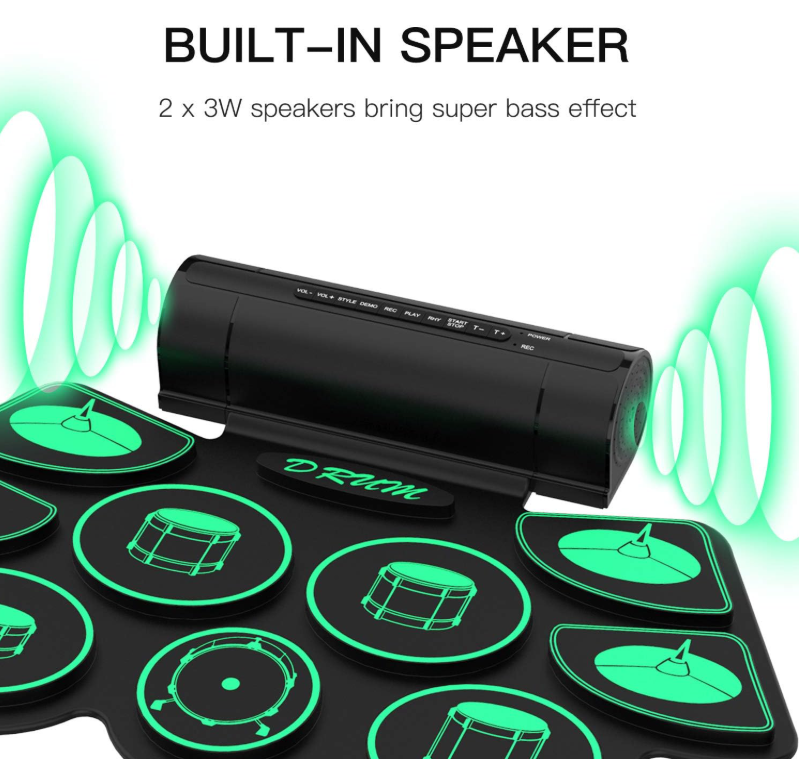 Uverbon Electronic Drum Kit 9 Roll Up Silicone Pads Built-In Stereo Speaker