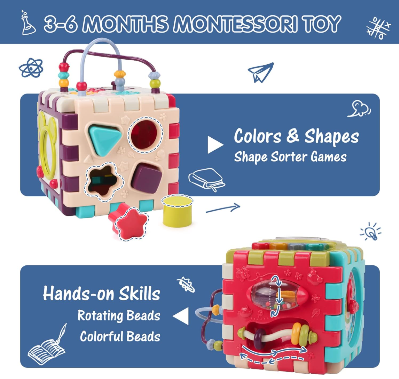 Qizebaby 11-in-1 Activity Cube Baby Toy 3-18 Months Detachable Montessori Box