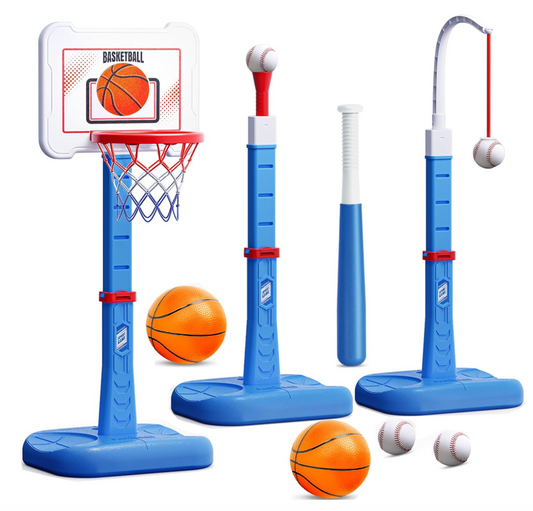 3-in-1 Kids Basketball Hoop & T-Ball Set Adjustable Outdoor Sports Play Set