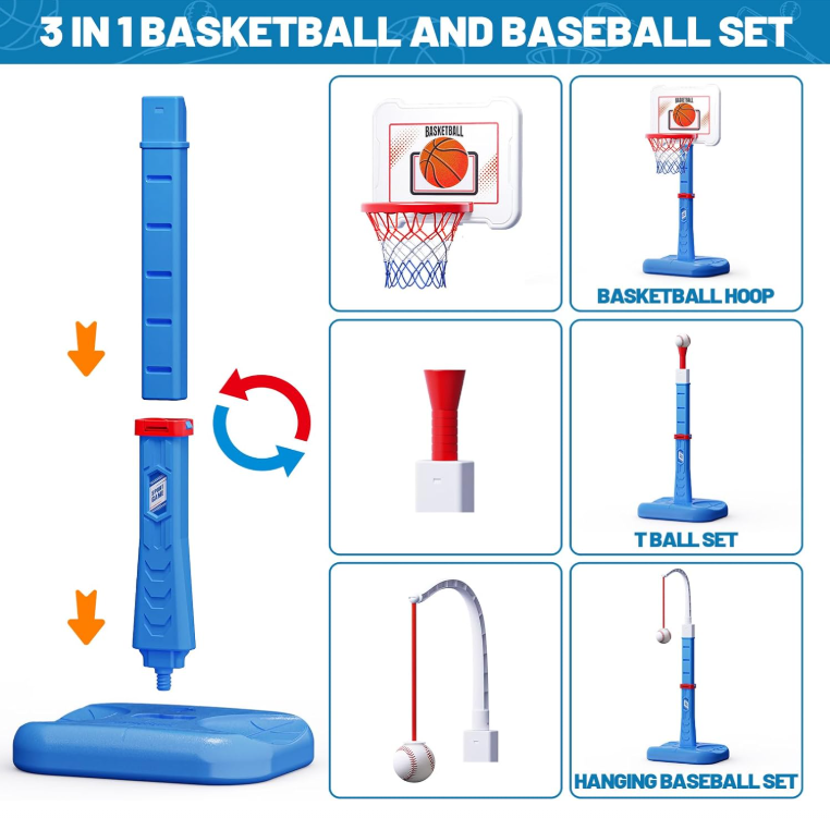 3-in-1 Kids Basketball Hoop & T-Ball Set Adjustable Outdoor Sports Play Set