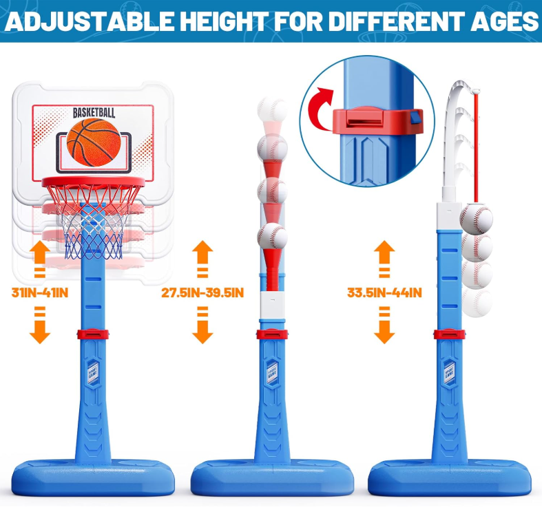 3-in-1 Kids Basketball Hoop & T-Ball Set Adjustable Outdoor Sports Play Set