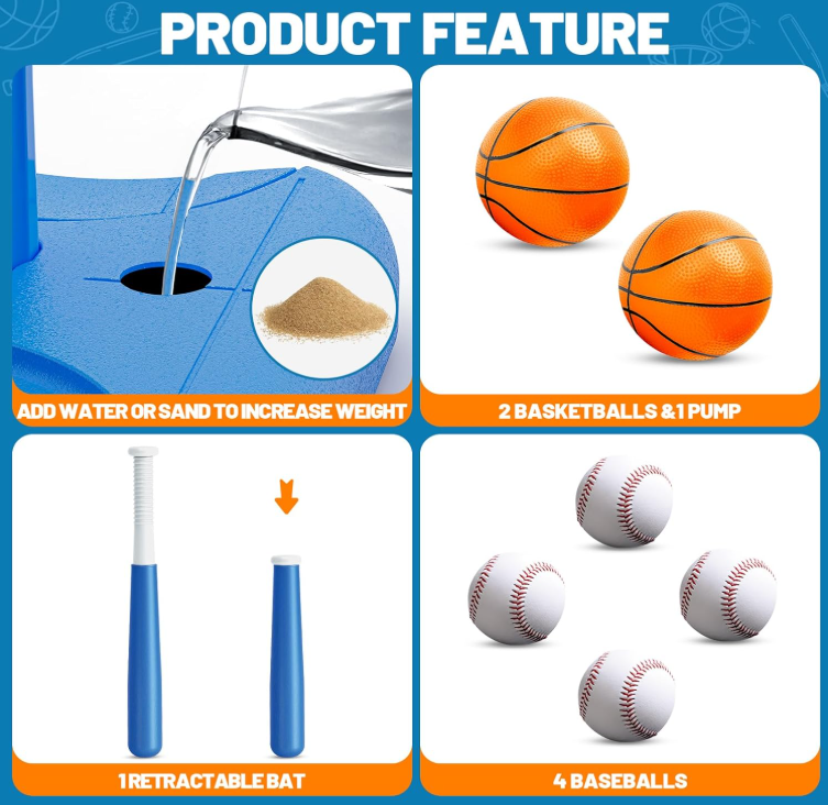 3-in-1 Kids Basketball Hoop & T-Ball Set Adjustable Outdoor Sports Play Set